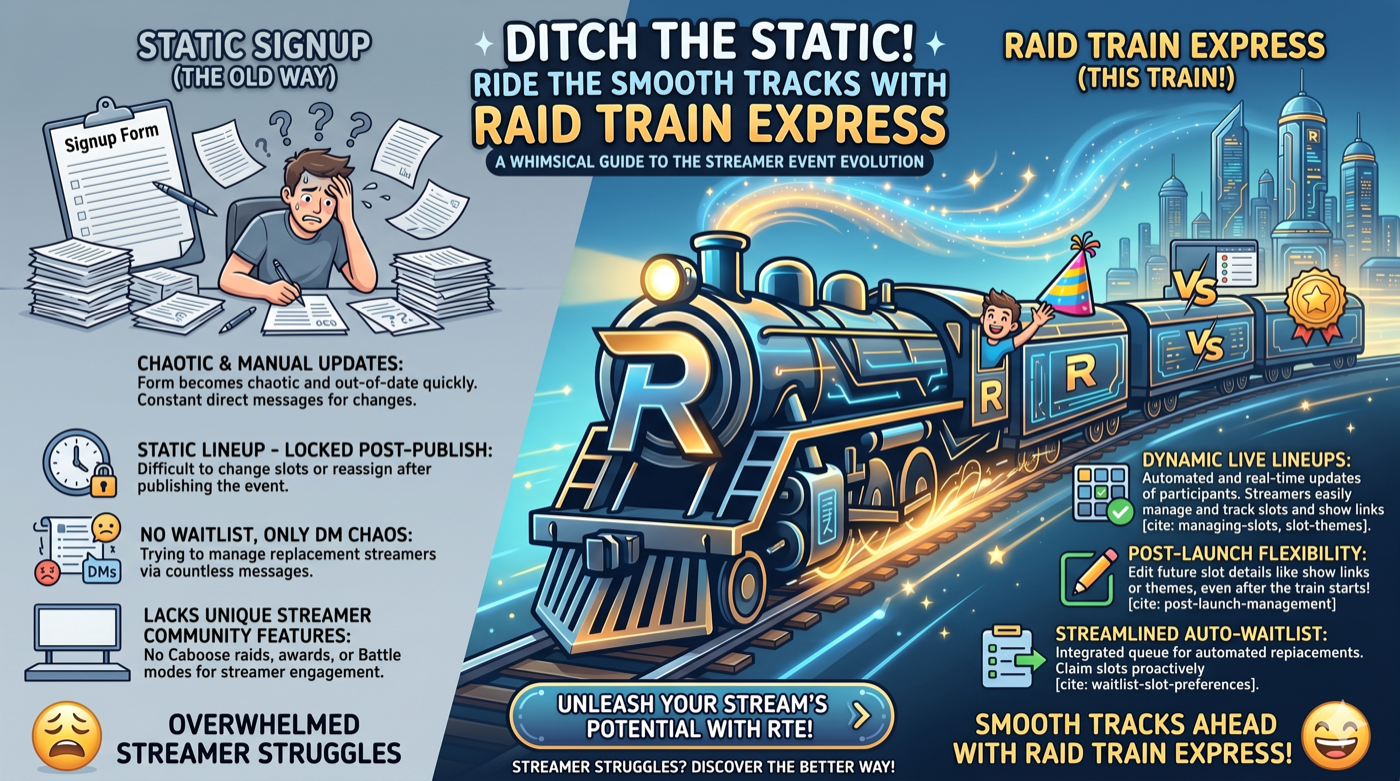 Side-by-side comparison infographic: Raid Train Express vs generic signup tools